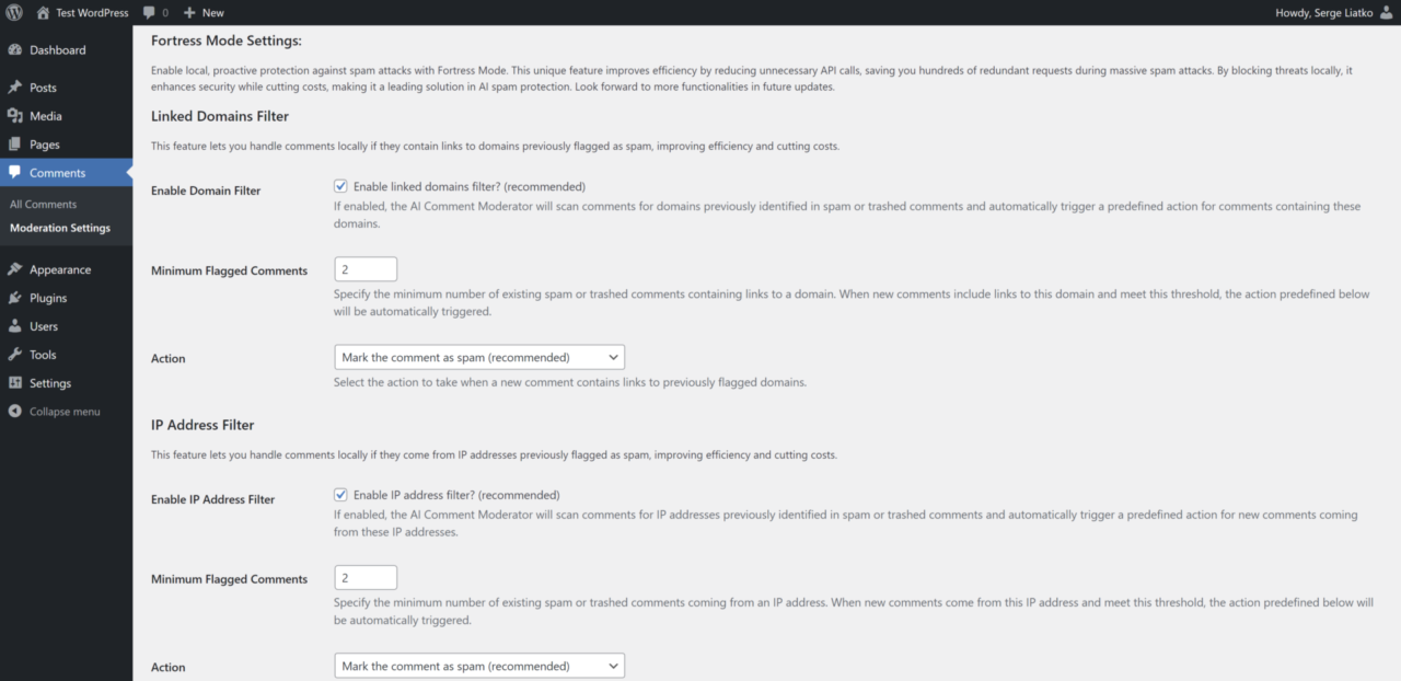 AI Comment Moderator - Fortress Mode Settings