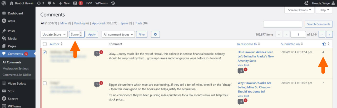Bulk Update Comment Score in WordPress admin